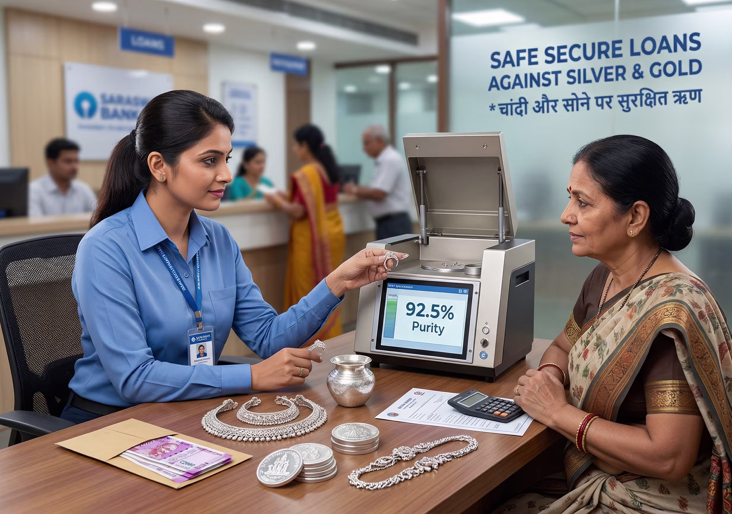 A detailed view of an Indian bank employee using a professional desktop machine to test the purity of a silver coin and jewelry as part of a loan valuation