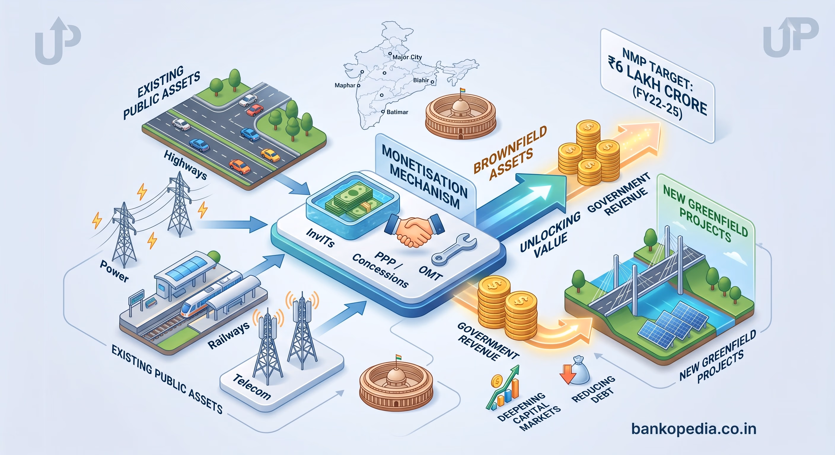 An isometric infographic explaining India's asset monetisation process, showing how existing public infrastructure like highways and railways are leased through InvITs and PPPs to generate government revenue for new greenfield projects.