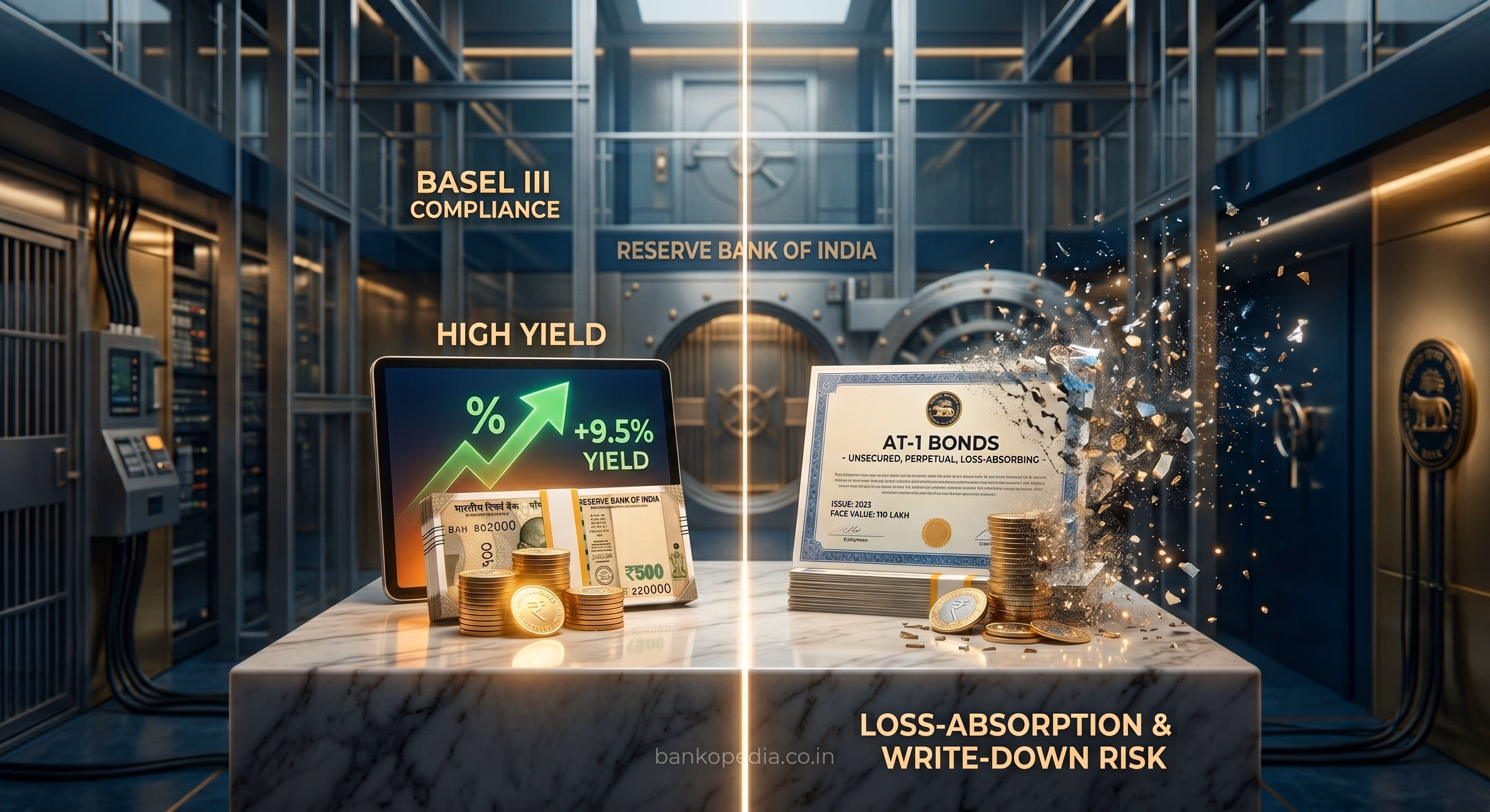 A visual representation contrasting the high yield of AT-1 bonds in India against the inherent write-down and loss-absorption risks under Basel III guidelines.