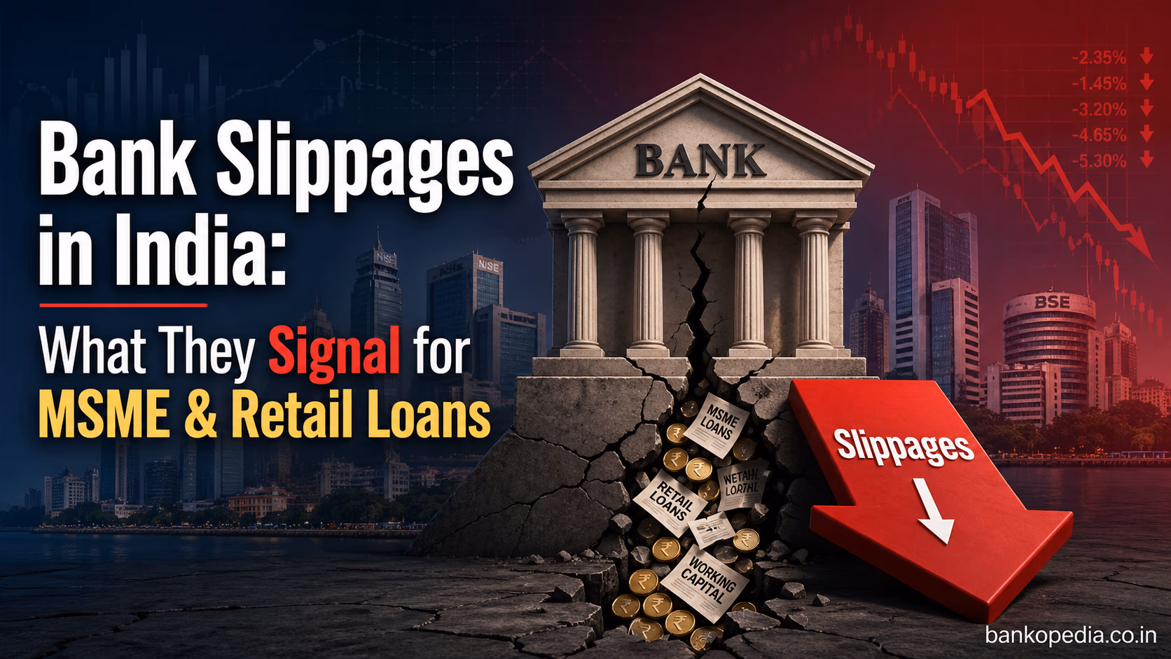Illustration of a cracked bank building with a red downward slippages arrow, symbolising rising bank slippages in India and stress in MSME and retail loans.