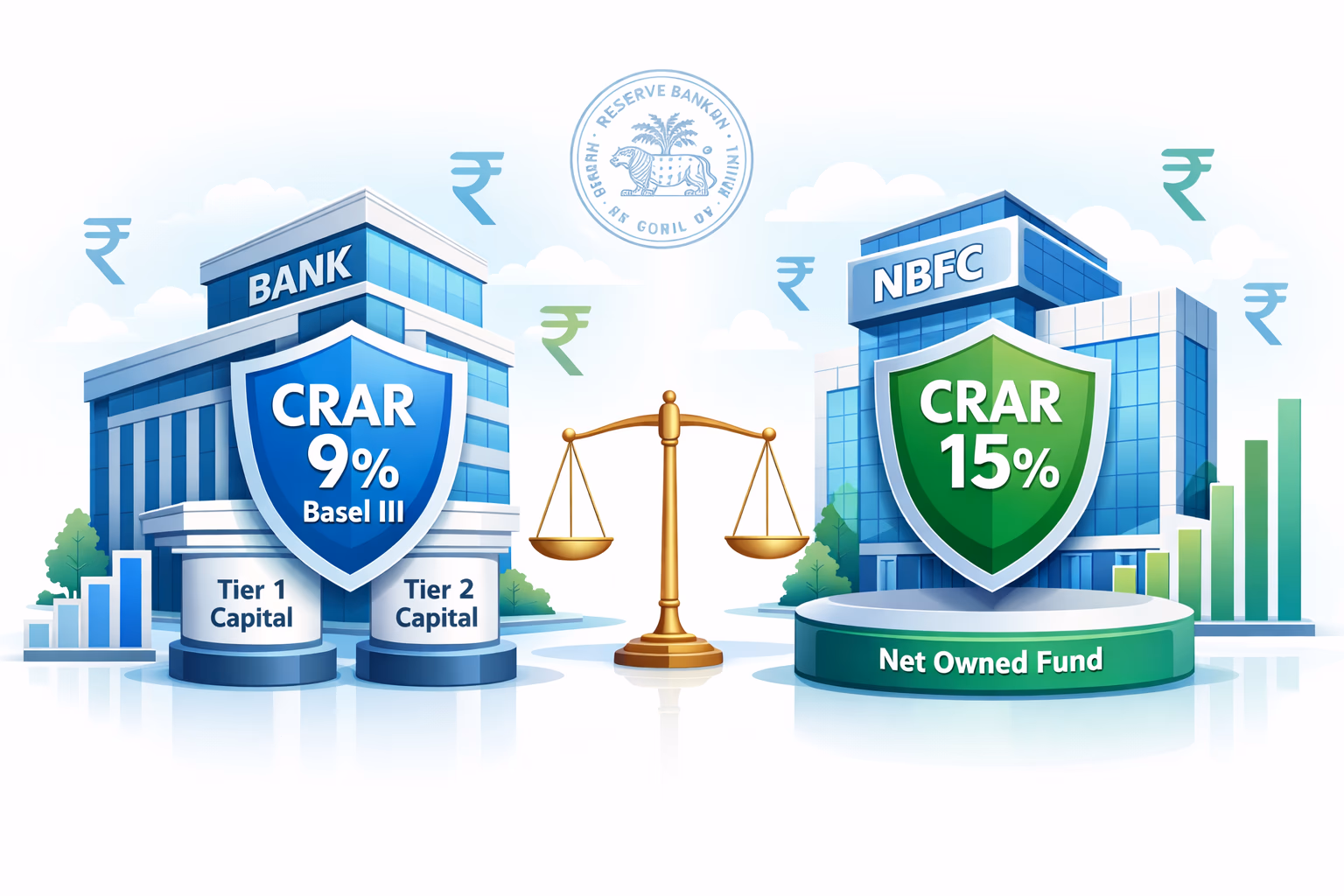 Illustration comparing capital adequacy norms in India, with a commercial bank on the left showing a blue shield marked CRAR 9% and Tier 1 and Tier 2 capital pillars, and an NBFC on the right showing a green shield marked CRAR 15% above a Net Owned Fund base, with rupee symbols, bar charts, a balance scale, and a subtle RBI emblem on a clean white background.