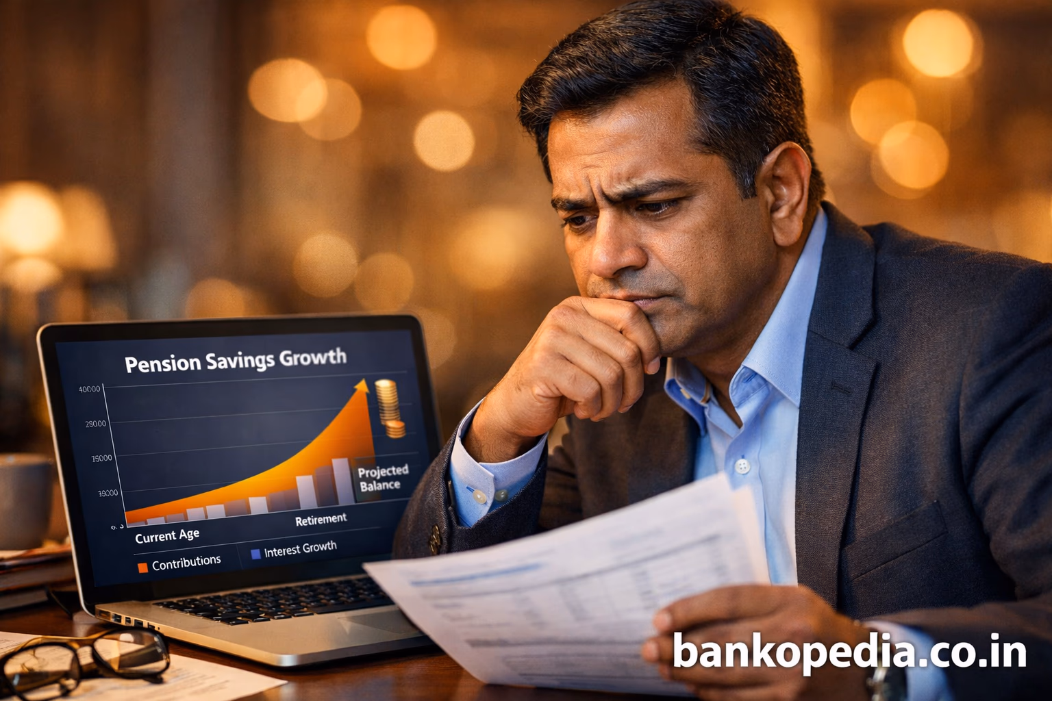 Professional Indian man in his 40s looking concerned while reviewing financial papers beside a laptop showing a pension savings growth graph, in a warmly lit office with a blurred background and bankopedia.co.in text overlay