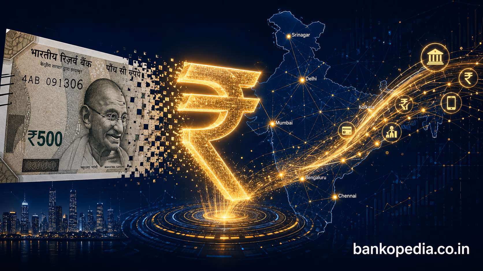 Cinematic digital finance illustration showing a glowing Indian rupee symbol, ₹500 note dissolving into pixels, and India map connected by golden data lines with bankopedia.co.in branding.
