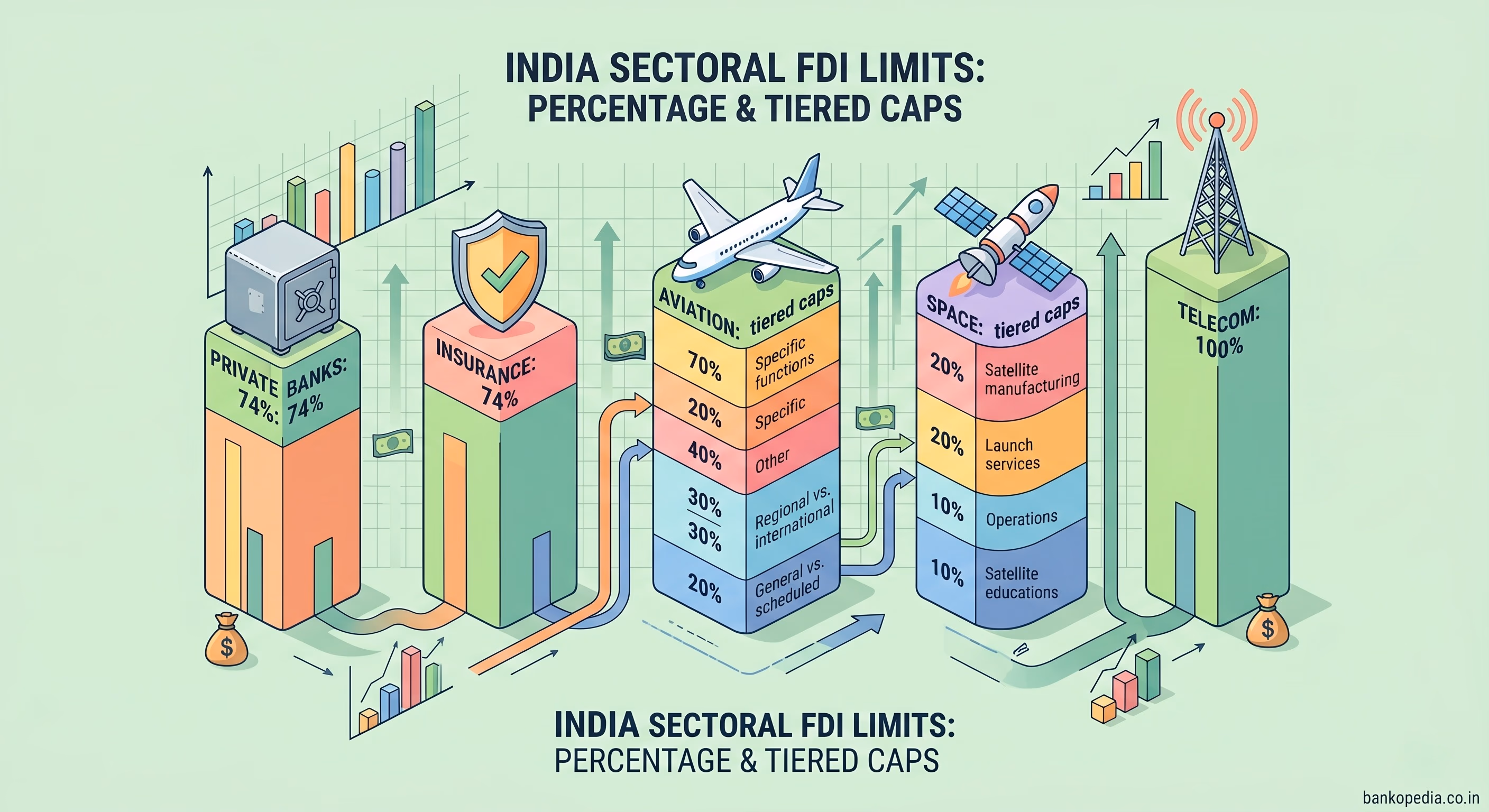 Infographic of an Indian city skyline illustrating foreign direct investment (FDI) capital flows, investment routes, and economic growth.