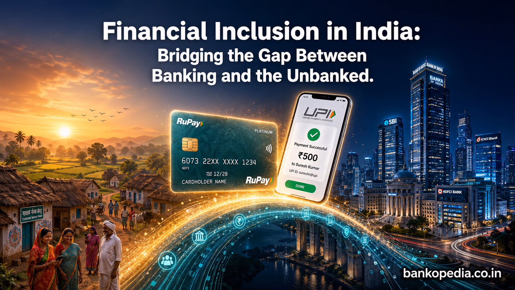Cinematic illustration showing a glowing digital bridge connecting rural India to a modern banking city, with a RuPay card and UPI payment screen symbolizing financial inclusion.