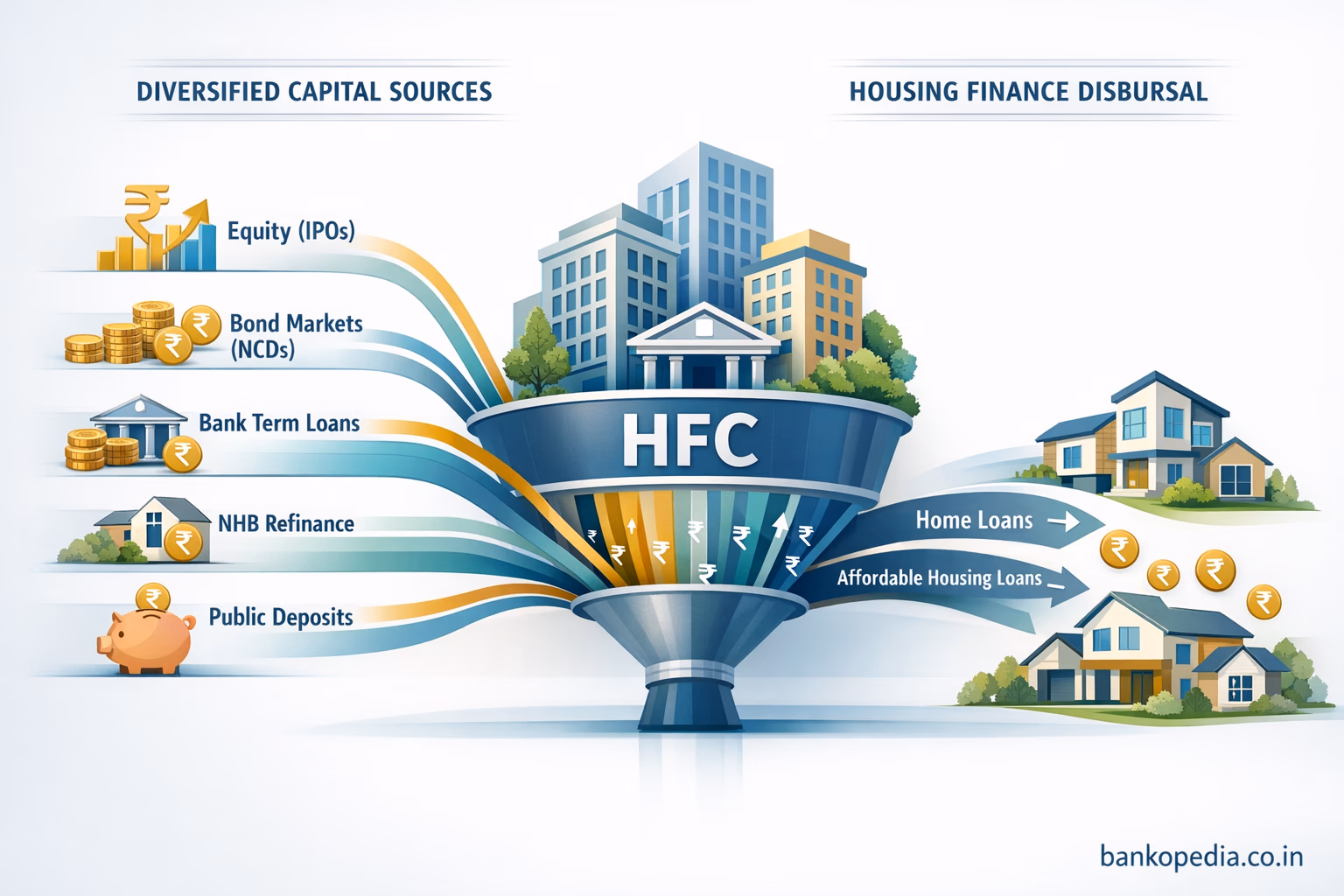 Infographic showing how a Housing Finance Company in India raises funds from equity, bond markets, bank term loans, NHB refinance, and public deposits, then disburses housing finance to residential home loans.