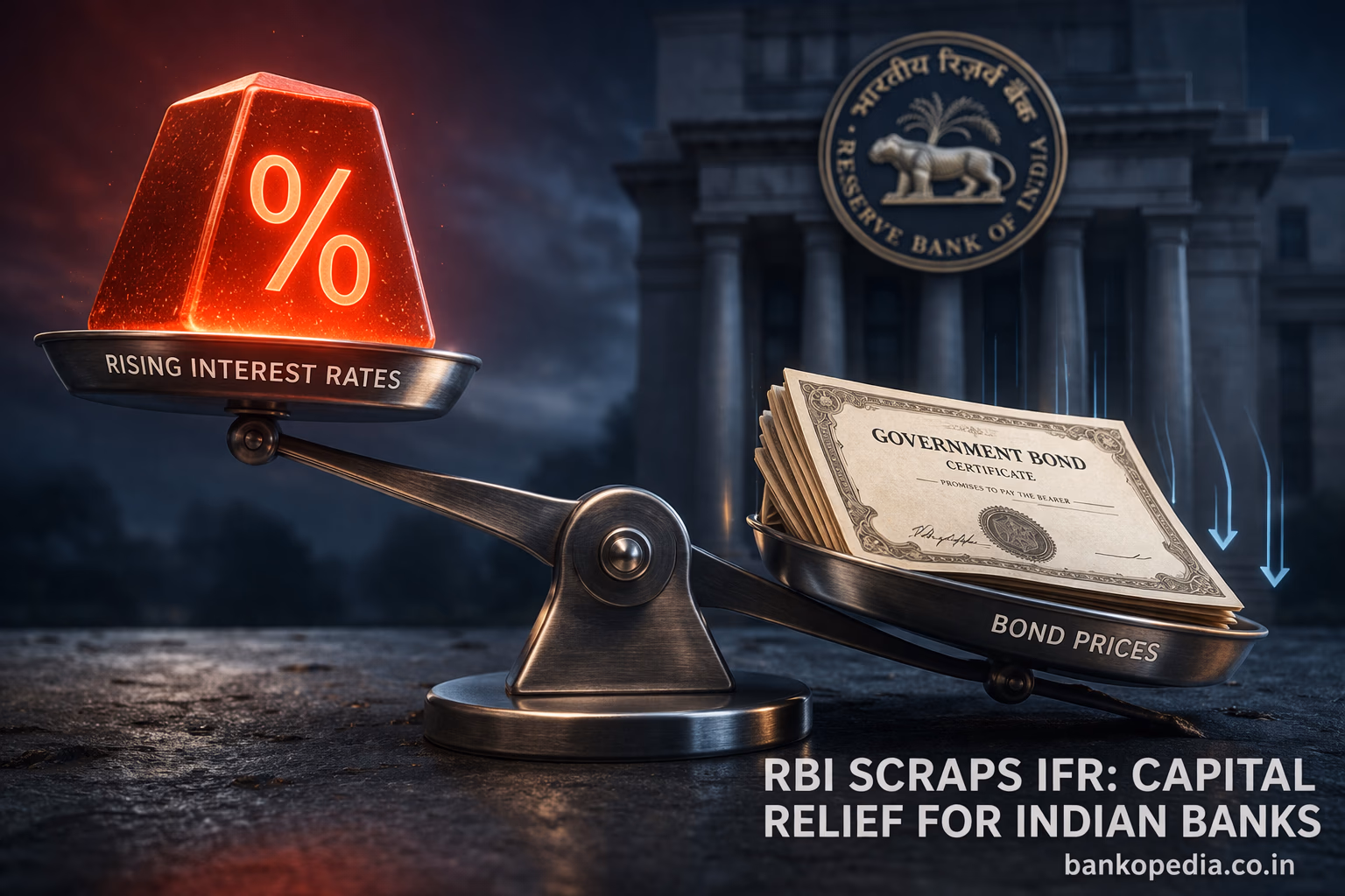 Photorealistic 3D financial illustration of a metallic balance scale on a dark slate surface, with a glowing red percentage-shaped weight on one side and a stack of government bond certificates on the other, symbolizing the impact of interest rates and capital relief for Indian banks. White text in the bottom-right reads “RBI SCRAPS IFR: CAPITAL RELIEF FOR INDIAN BANKS” and “bankopedia.co.in”