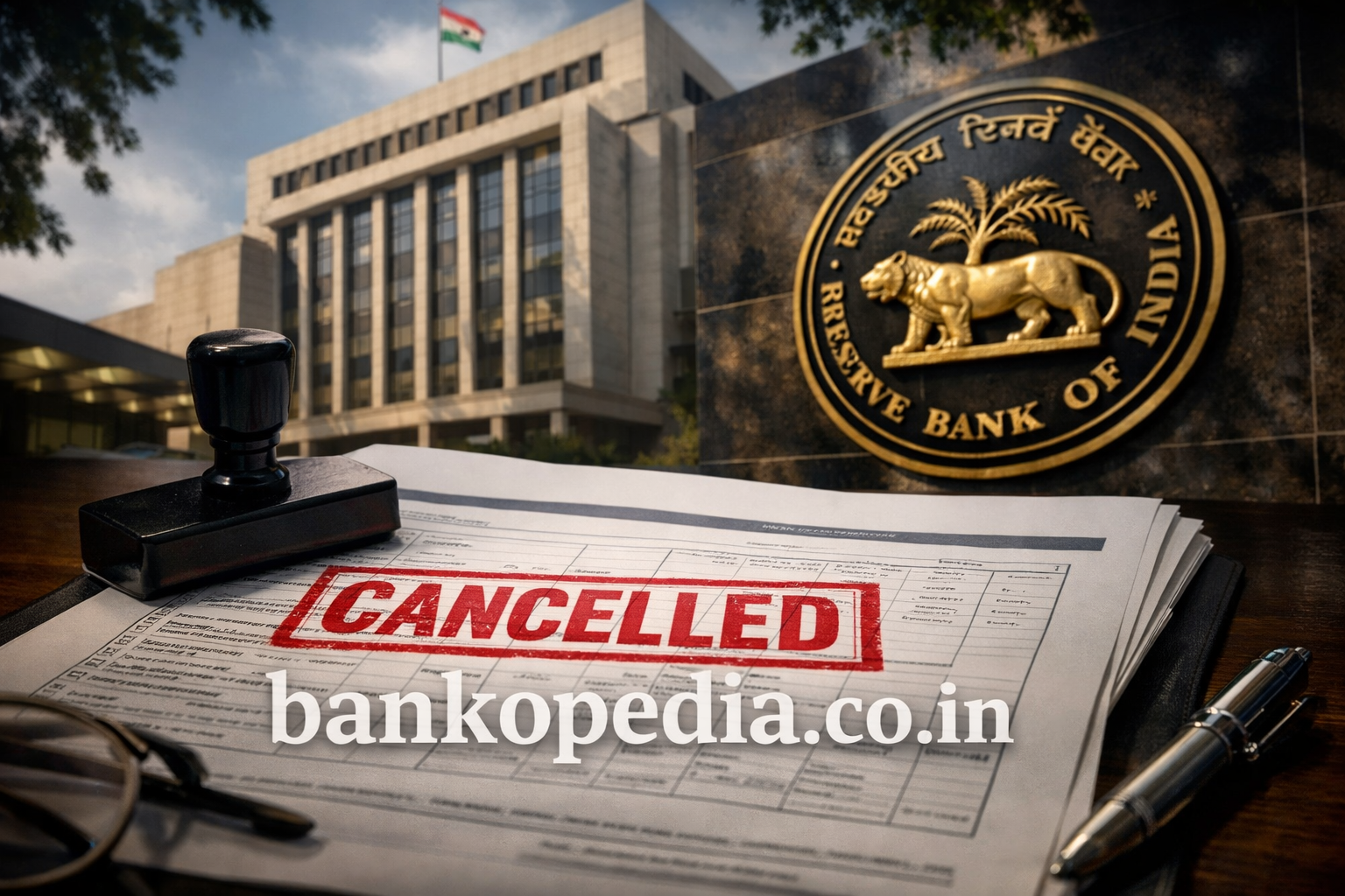 Illustration of an RBI official document marked as cancelled, with bankopedia.co.in watermark, representing bank licence revocation.