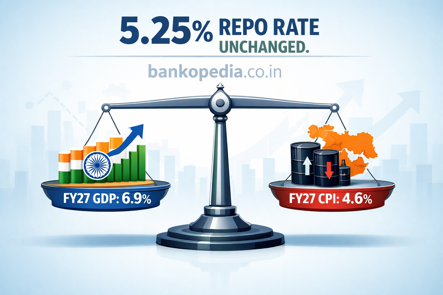 Balanced scale illustration showing India’s FY27 GDP forecast of 6.9% on one side and FY27 CPI projection of 4.6% with oil barrels and a West Asia map on the other, under the headline “5.25% Repo Rate Unchanged” with bankopedia.co.in overlay.