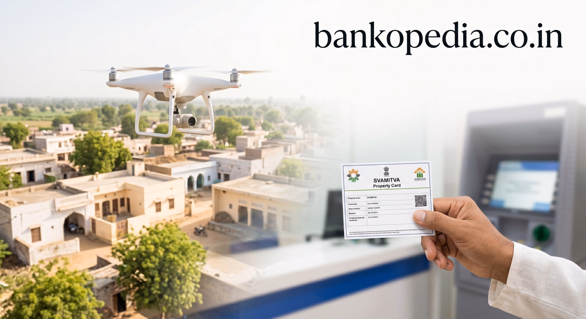 A hand holding a SVAMITVA property card with a drone mapping a rural Indian village and a bank ATM in the background, illustrating financial inclusion and rural credit access.