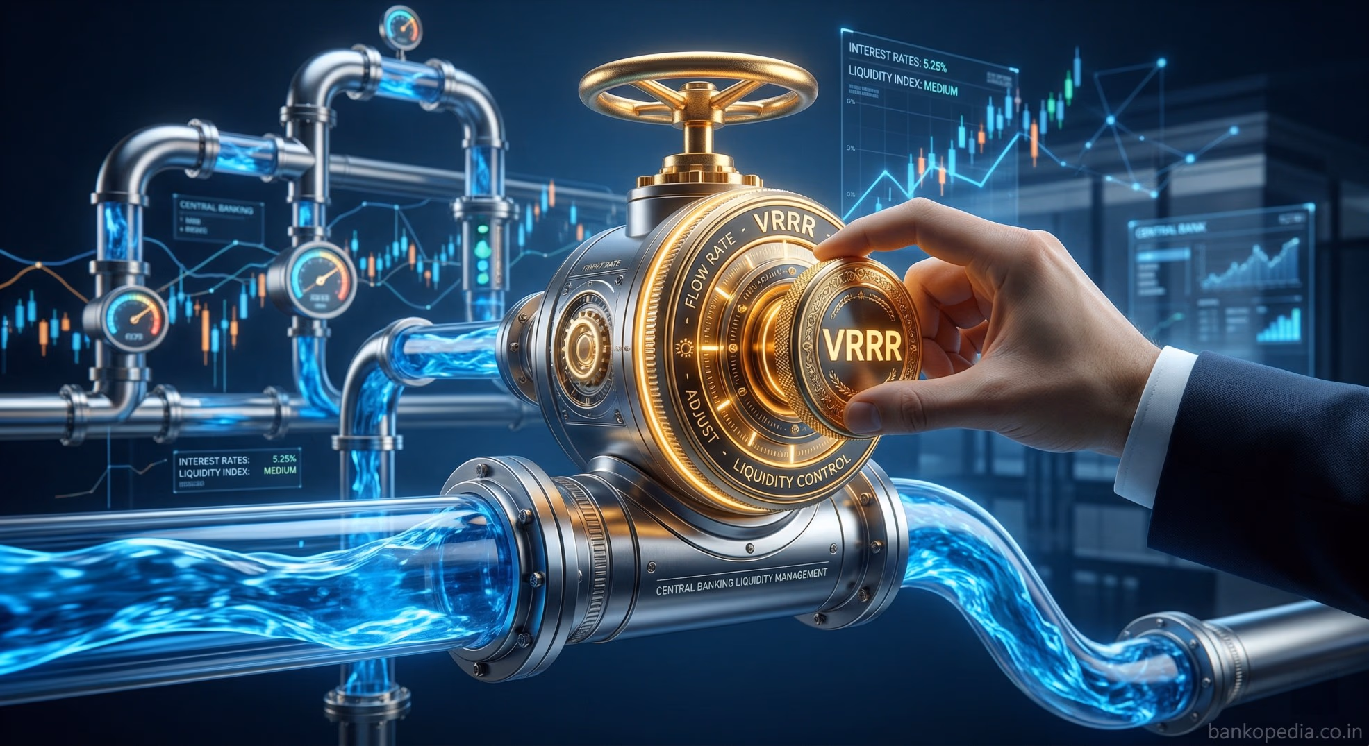 3D illustration of a golden valve labeled VRRR controlling the flow of blue liquid through pipelines, representing central bank liquidity management.
