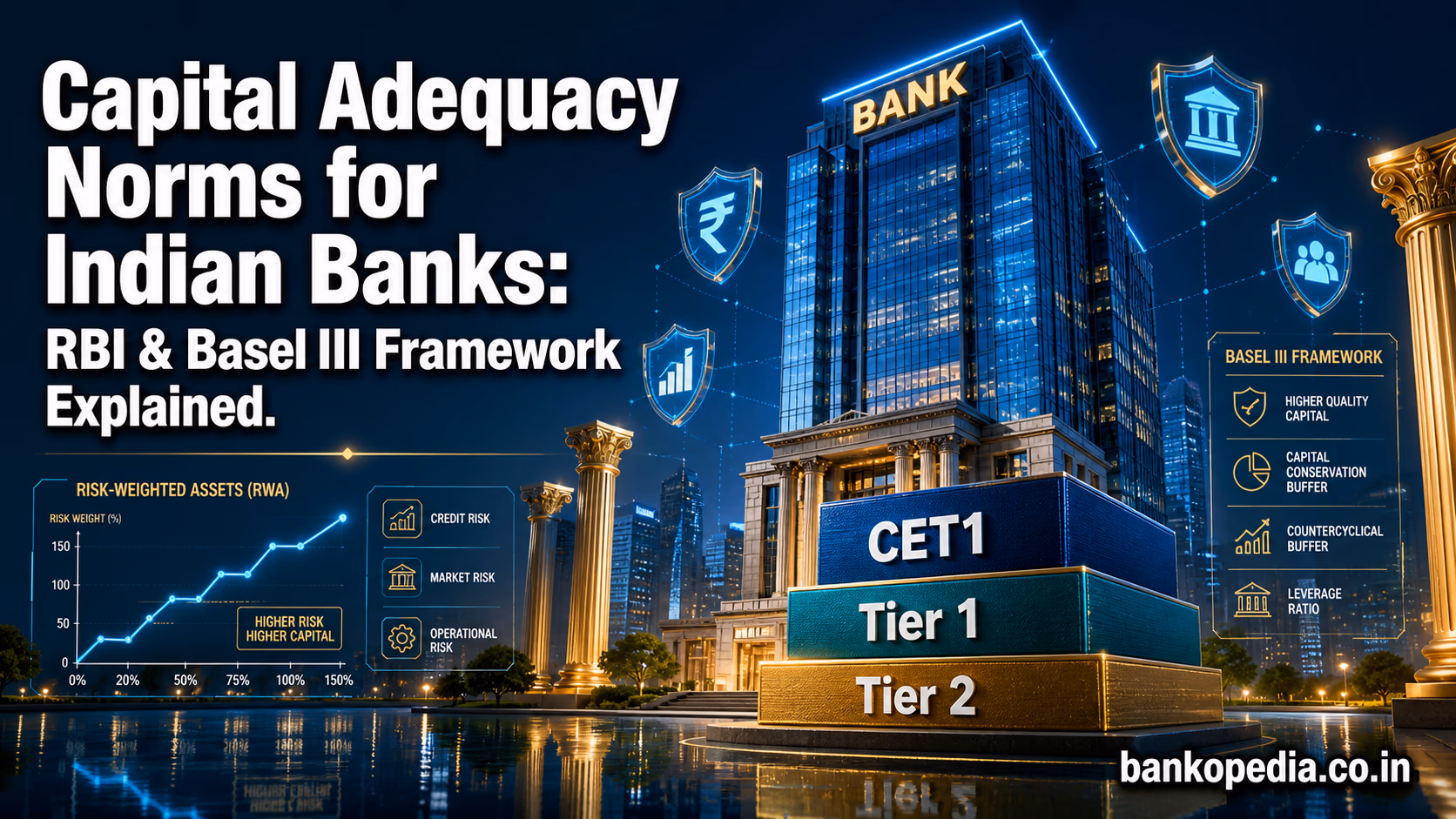 Cinematic finance hero image showing a modern glass bank building, CET1, Tier 1 and Tier 2 capital blocks, risk-weighted asset graphs, shield icons, and Basel III framework visuals explaining capital adequacy norms for Indian banks.