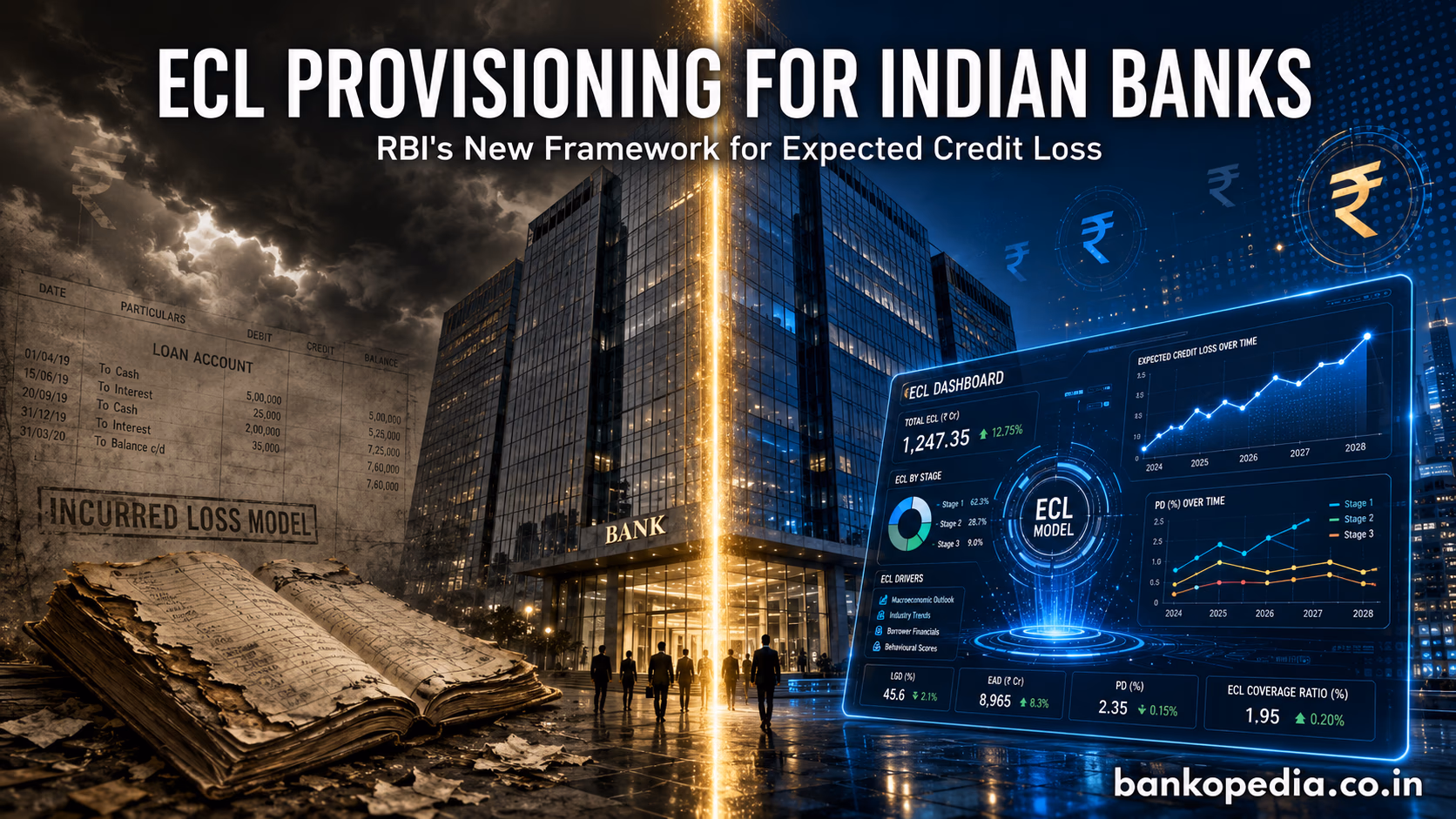 Cinematic illustration of ECL provisioning for Indian banks, showing RBI’s expected credit loss framework with old incurred loss model on one side and modern digital risk dashboard on the other.