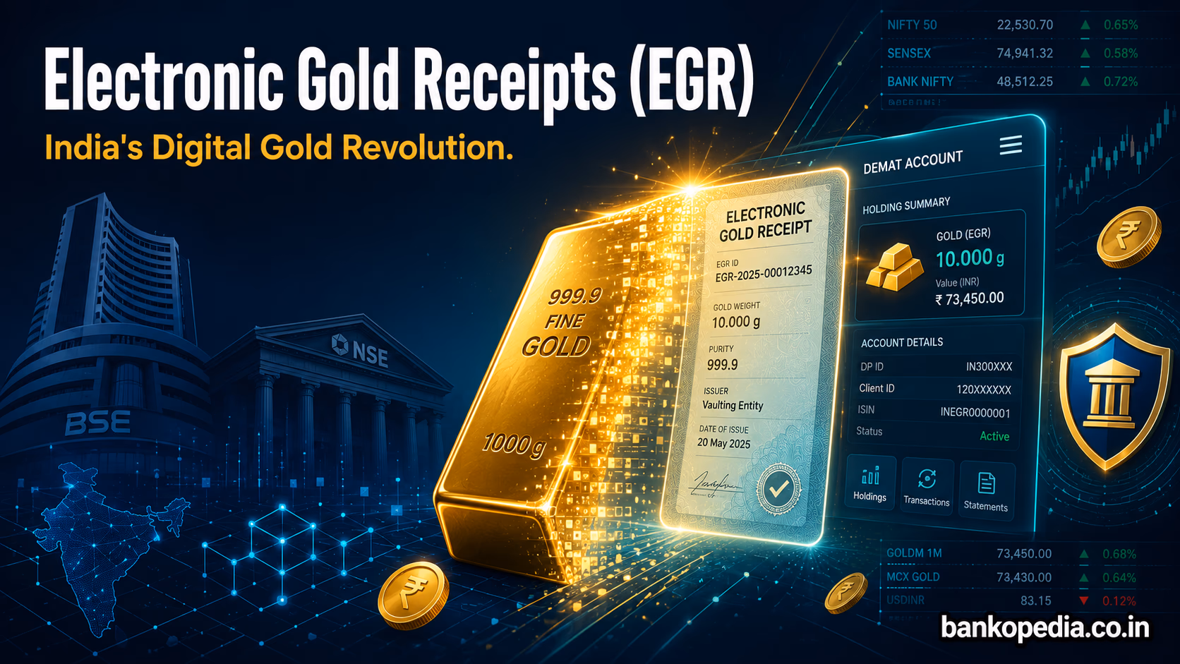 Electronic Gold Receipts EGR illustration showing a gold bar transforming into a digital receipt with demat account interface, stock exchange visuals, and digital gold finance theme in India.