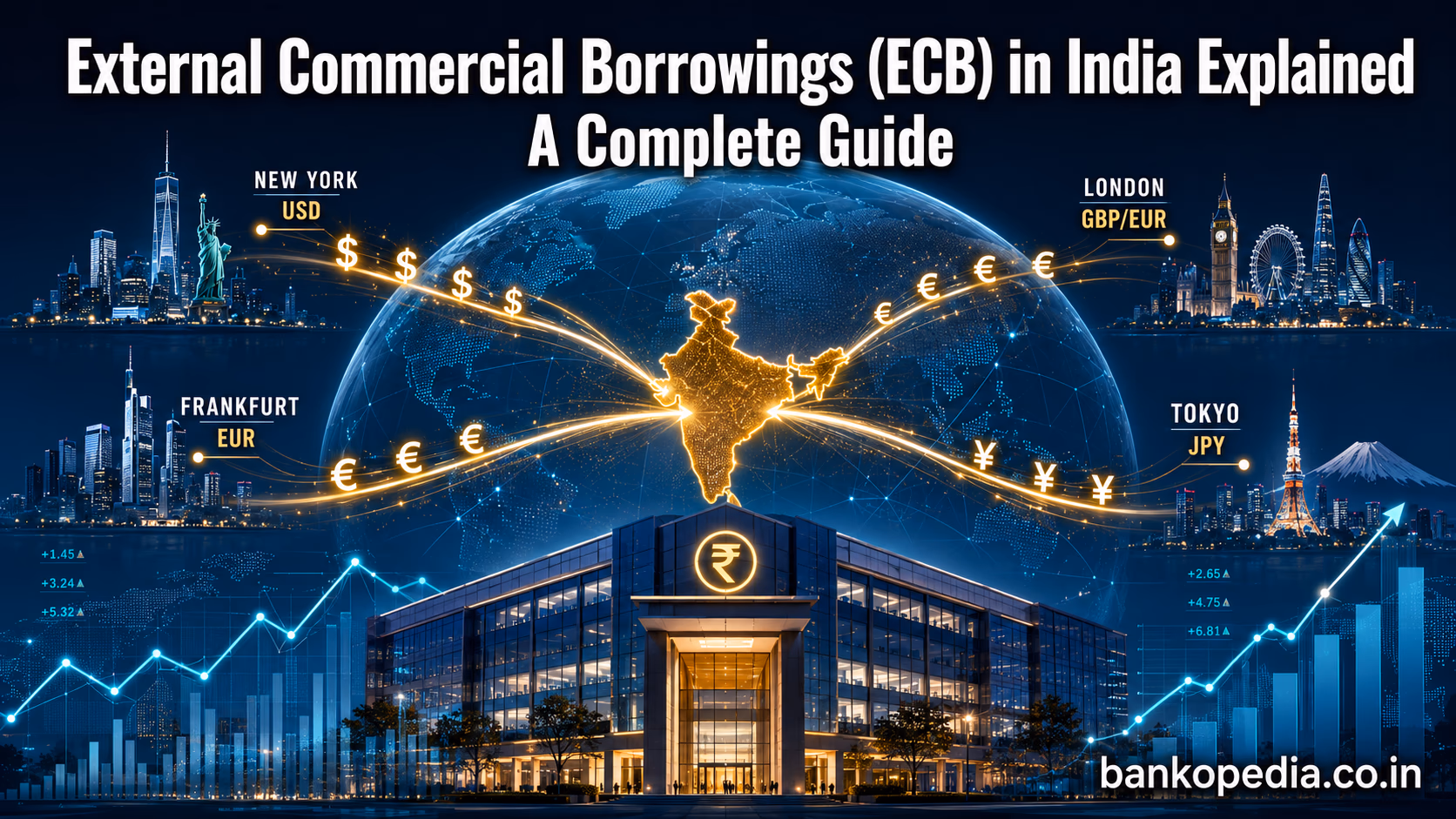 Hero image showing global financial hubs such as New York, London, Tokyo, and Frankfurt connected to India through glowing capital flow lines, explaining External Commercial Borrowings in India.