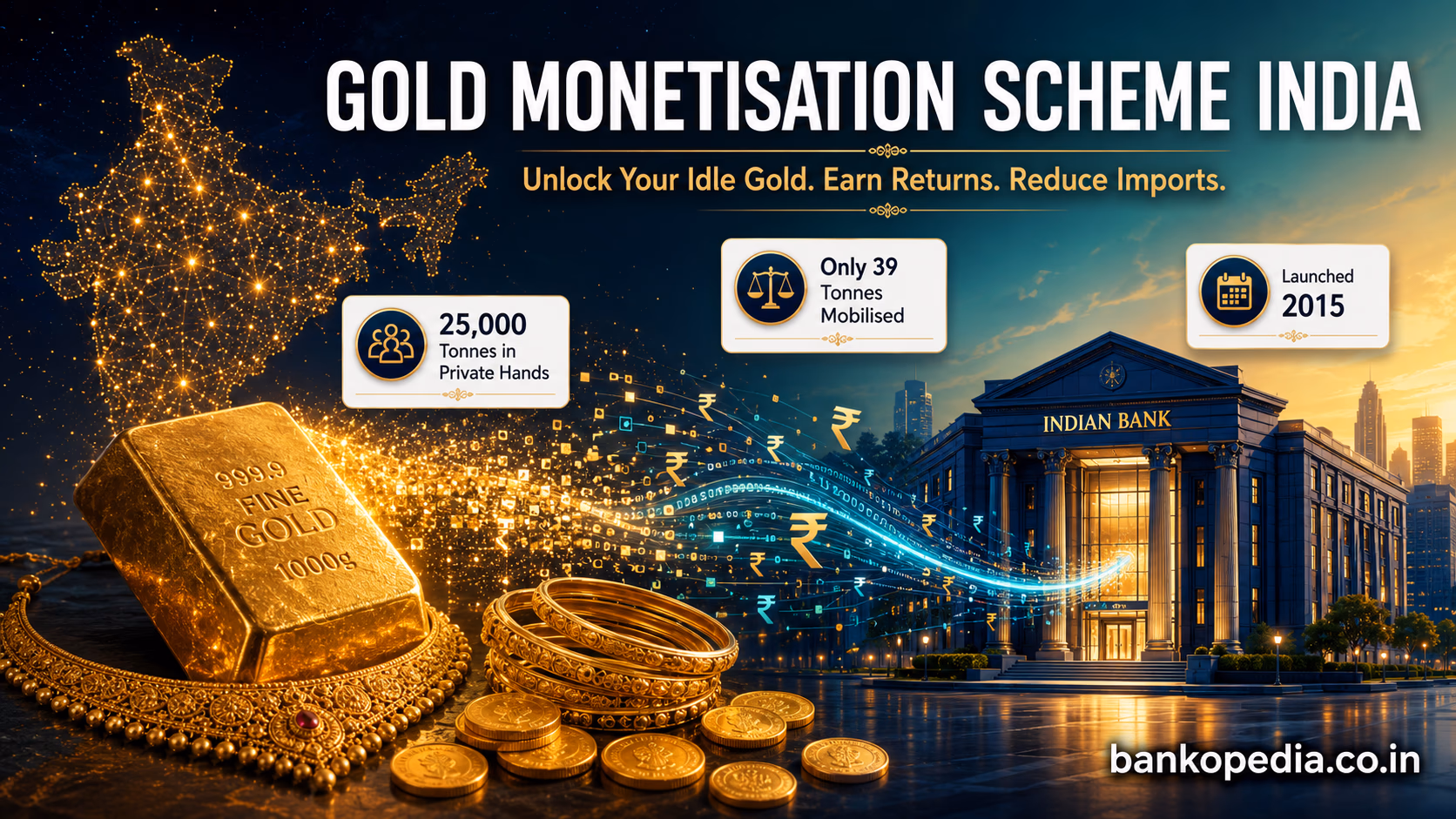 Gold Monetisation Scheme India complete guide — unlocking 25000 tonnes of idle household gold through GMS deposits and banking