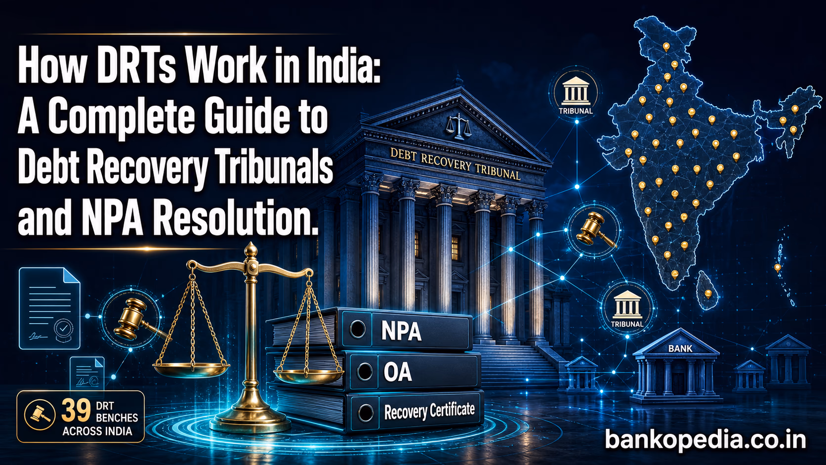Cinematic hero image showing a Debt Recovery Tribunal courthouse, scales of justice, NPA recovery files, legal documents, gavel icons, bank network lines, and an India map with tribunal location dots for an article on how DRTs work in India