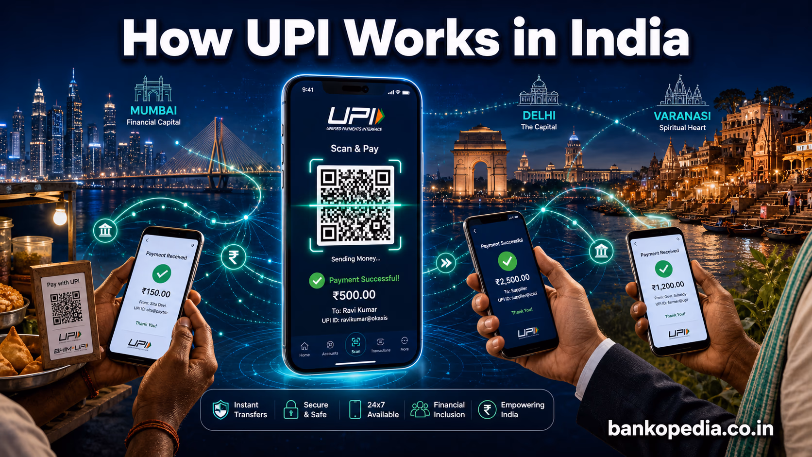 Hero image showing how UPI works in India, with a central smartphone scanning a UPI QR code, digital payment flows connecting Mumbai, Delhi, and Varanasi, and diverse users including a street vendor, corporate professional, and farmer using mobile payments.