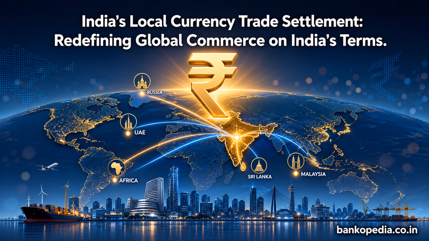 India local currency trade settlement hero image showing Indian Rupee symbol rising over world map with trade routes connecting India to UAE Russia Malaysia and Africa — bankopedia.co.in
