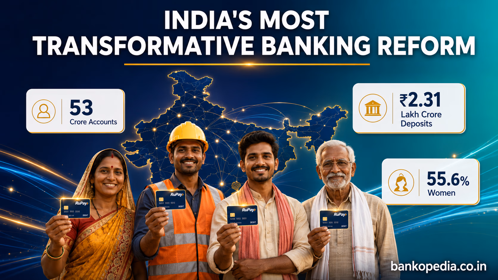 Diverse Indians holding RuPay debit cards in front of a digital India map, highlighting financial inclusion through 53 crore accounts, ₹2.31 lakh crore deposits, and 55.6% women beneficiaries.