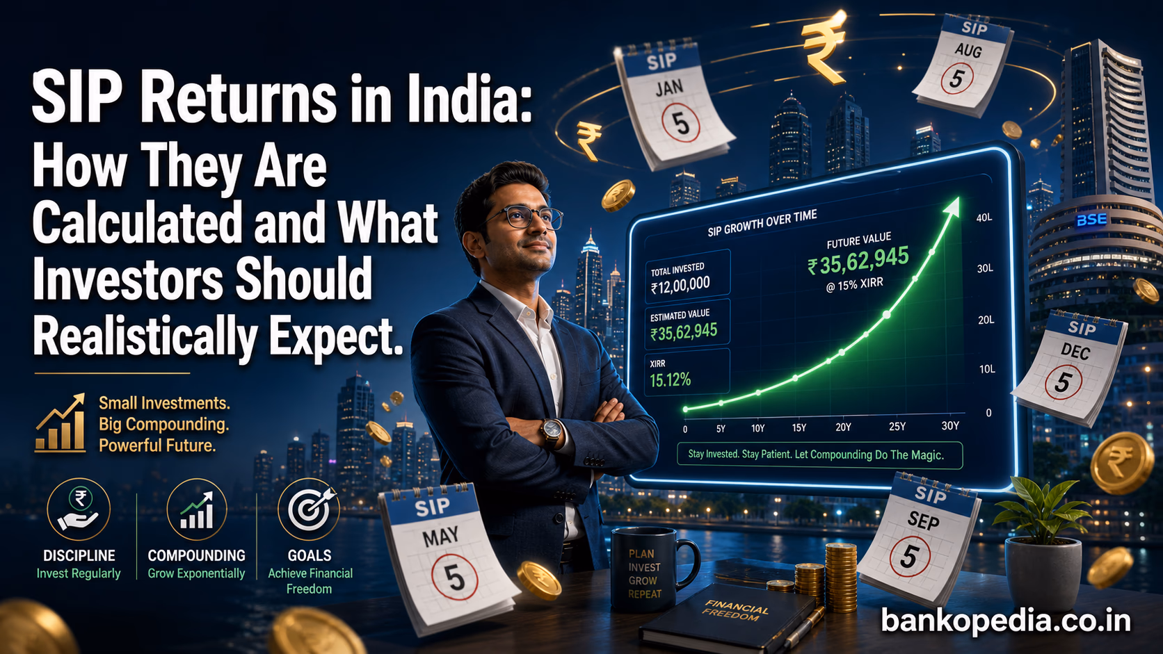 Cinematic finance hero image showing an Indian retail investor, SIP growth curve, rupee symbols, coins, and monthly SIP calendar dates explaining how SIP returns are calculated in India and what investors should realistically expect