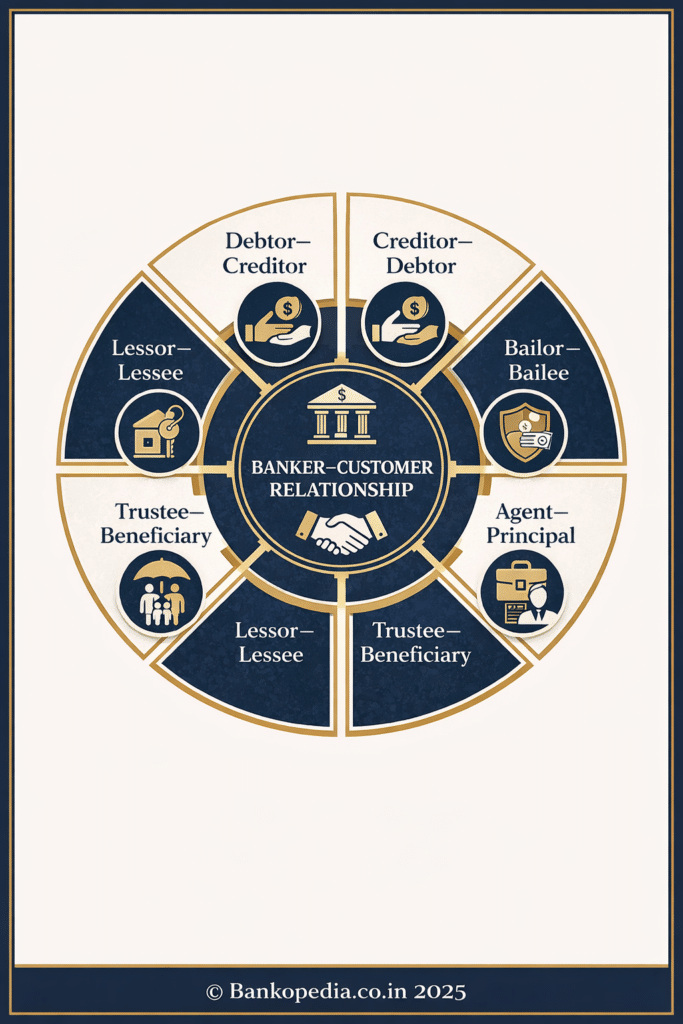 Infographic wheel diagram showing six types of banker customer relationships —Debtor–Creditor, Creditor–Debtor, Bailor–Bailee, Agent–Principal, Trustee–Beneficiary, and Lessor–Lessee—around a central “Banker–Customer Relationship” hub in navy and gold (Bankopedia.co.in).