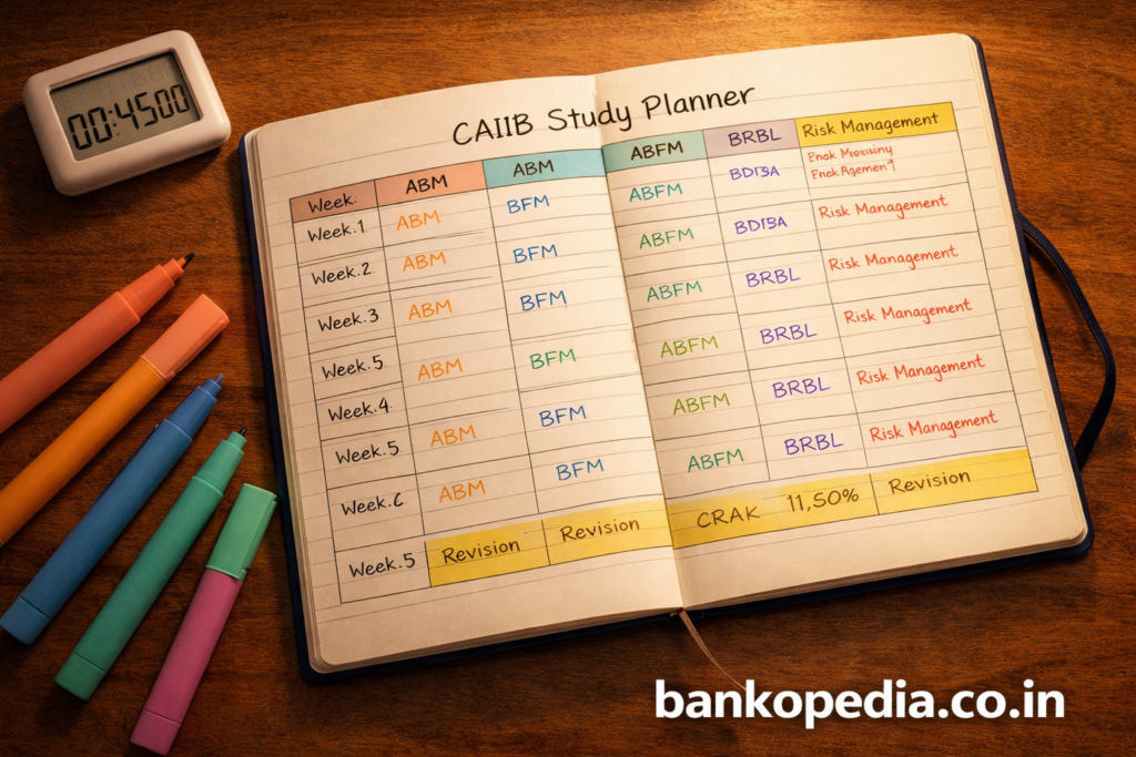 Top-down view of a study planner notebook showing a 16-week CAIIB preparation schedule with ABM, BFM, ABFM, BRBL and Risk Management papers, highlighters and timer on desk