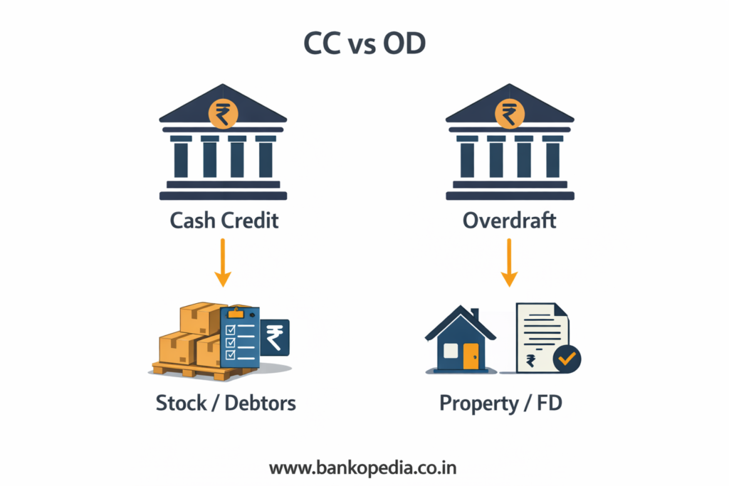 CC vs OD comparison for working capital finance for MSMEs, showing cash credit backed by stock/debtors and overdraft backed by property/FD.
