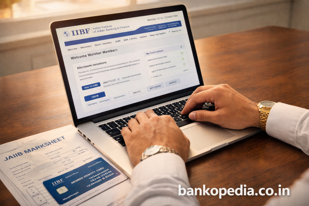 Indian banker using IIBF online portal on laptop with JAIIB marksheet and IIBF membership card on desk for CAIIB Exam 2026 preparation