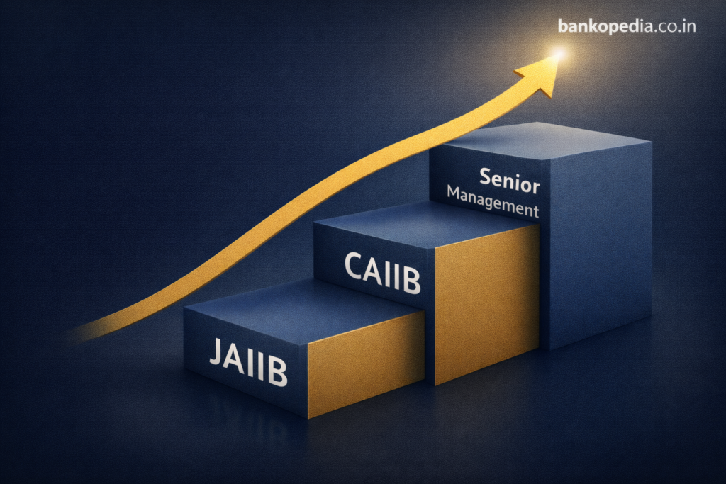 Staircase graphic showing JAIIB, CAIIB, and Senior Management as an upward banking career progression for JAIIB Exam 2026