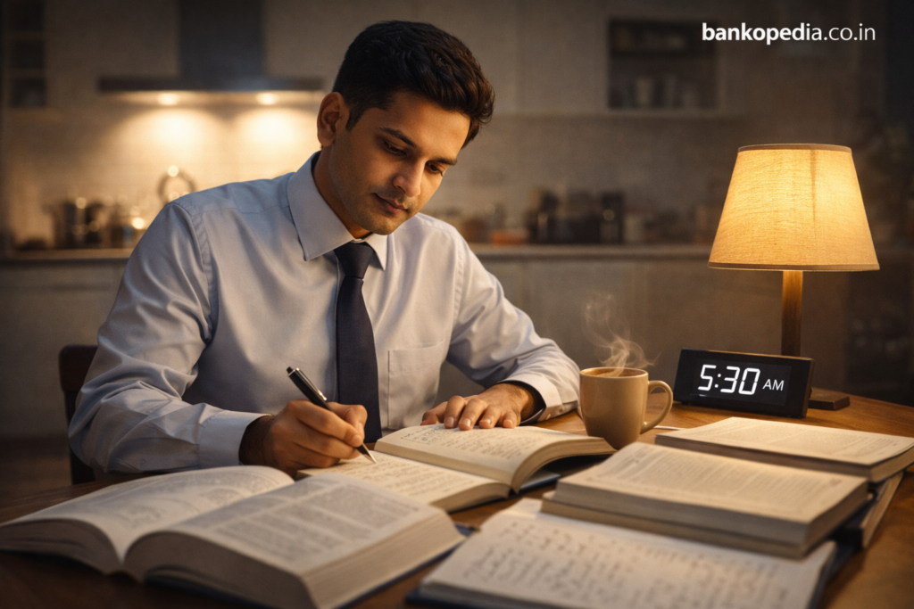 Focused Indian professional studying at 5:30 AM at a kitchen table with textbooks, handwritten notes, and chai for JAIIB Exam 2026 preparation