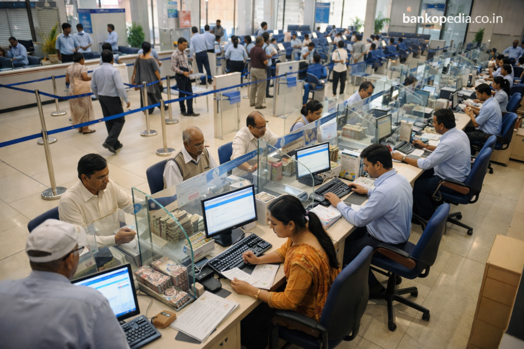 Aerial view of a busy Indian public sector bank branch interior with tellers, customers, and modern CBS terminals for JAIIB Exam 2026 study guide