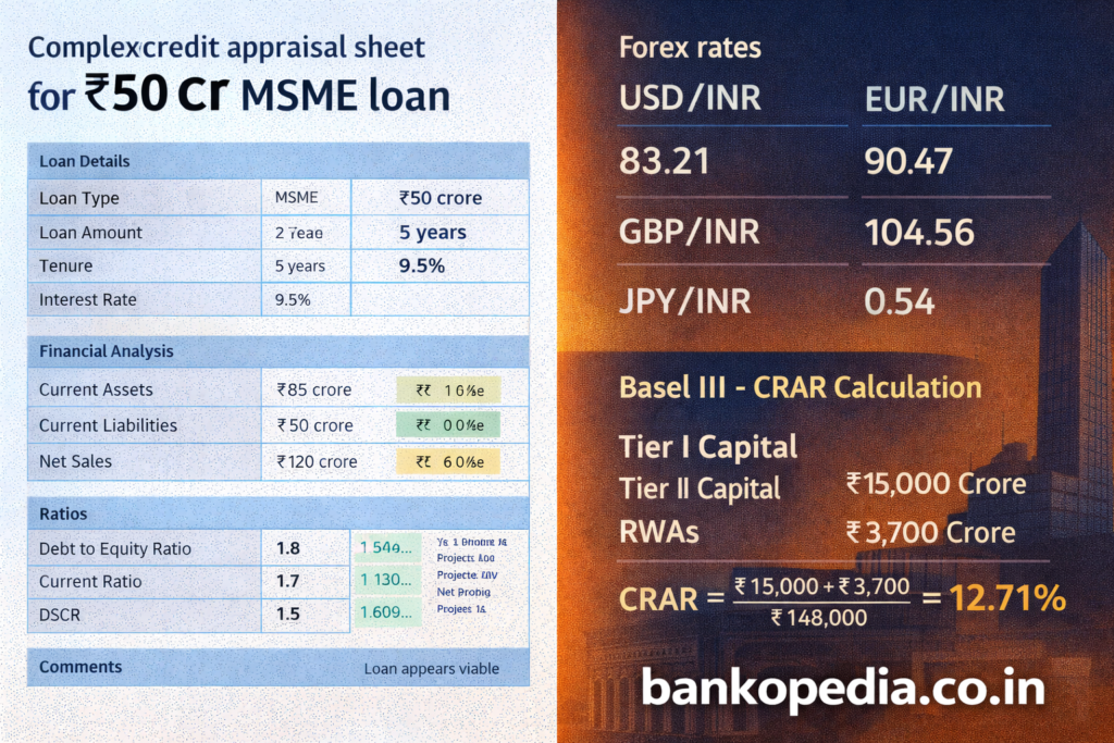 Split-screen infographic showing MSME loan credit appraisal for a ₹50 crore proposal alongside forex rates and Basel III CRAR calculation with RBI building silhouette in background