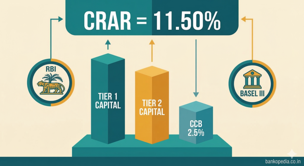 Flat-design infographic showing Tier 1 Capital, Tier 2 Capital and CCB 2.5% pillars with CRAR 11.50%, styled around RBI and Basel III capital adequacy framework