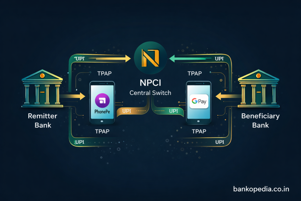 UPI transaction flow architecture showing Remitter Bank, NPCI switch, and Beneficiary Bank for JAIIB exam preparation